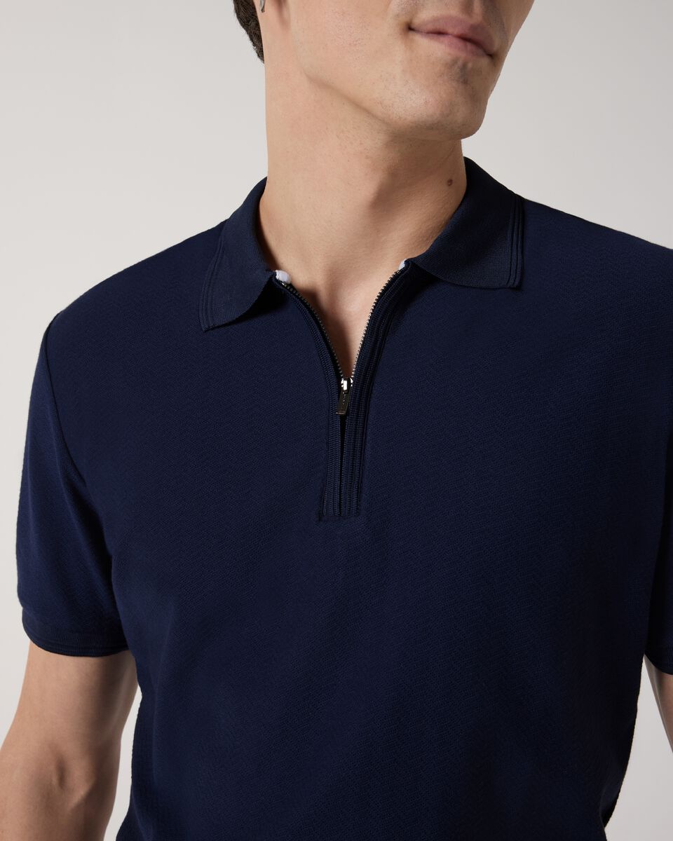 Textured Zip-up Polo, Navy, hi-res